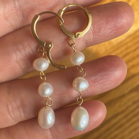 Handmade White Cultured Pearl Hoop Earrings - 14K Gold Plate - Picture 5 of 8